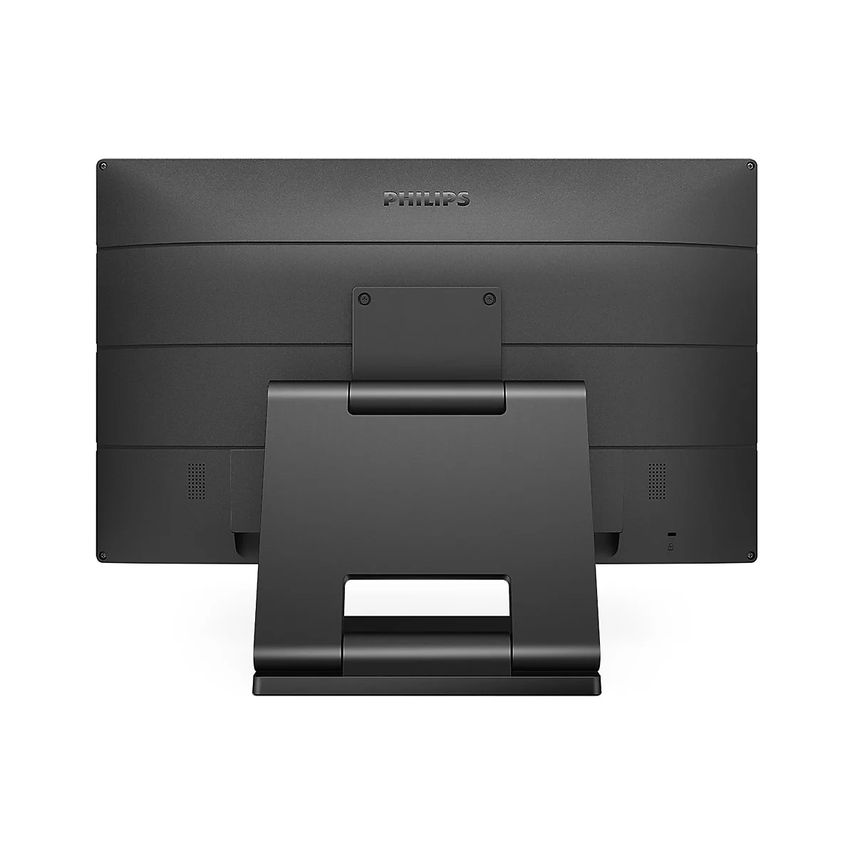 Schwarzer Monitor von hinten, mit Phillips-Logo. Ein robuster StandfuÃŸ hÃ¤lt den Bildschirm.