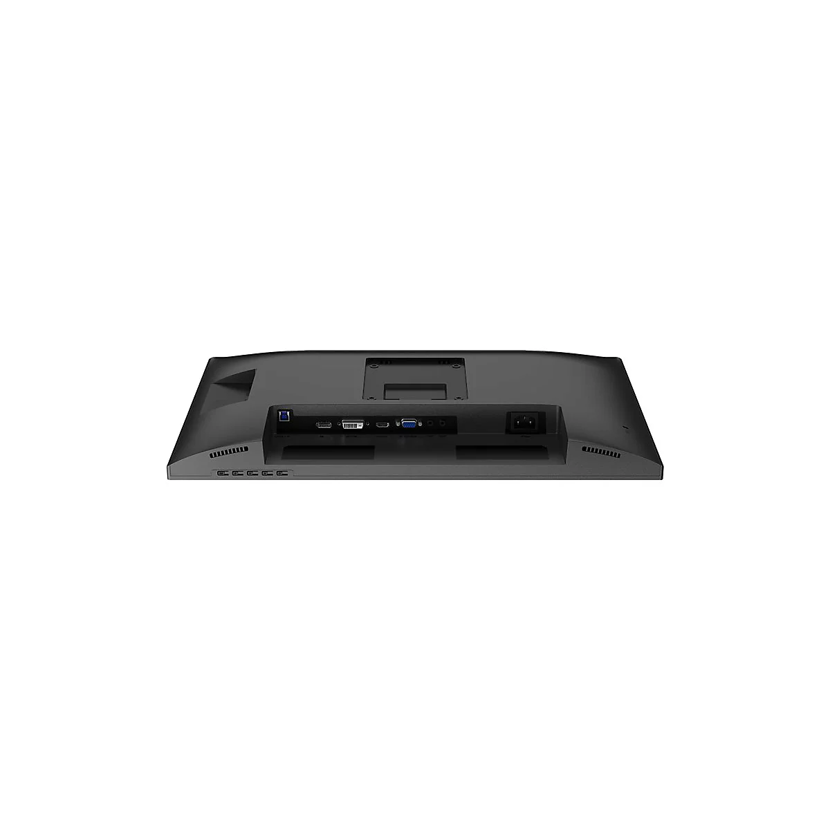 RÃ¼ckseite eines schwarzen Monitors mit AnschlÃ¼ssen fÃ¼r USB, HDMI, VGA und Strom.