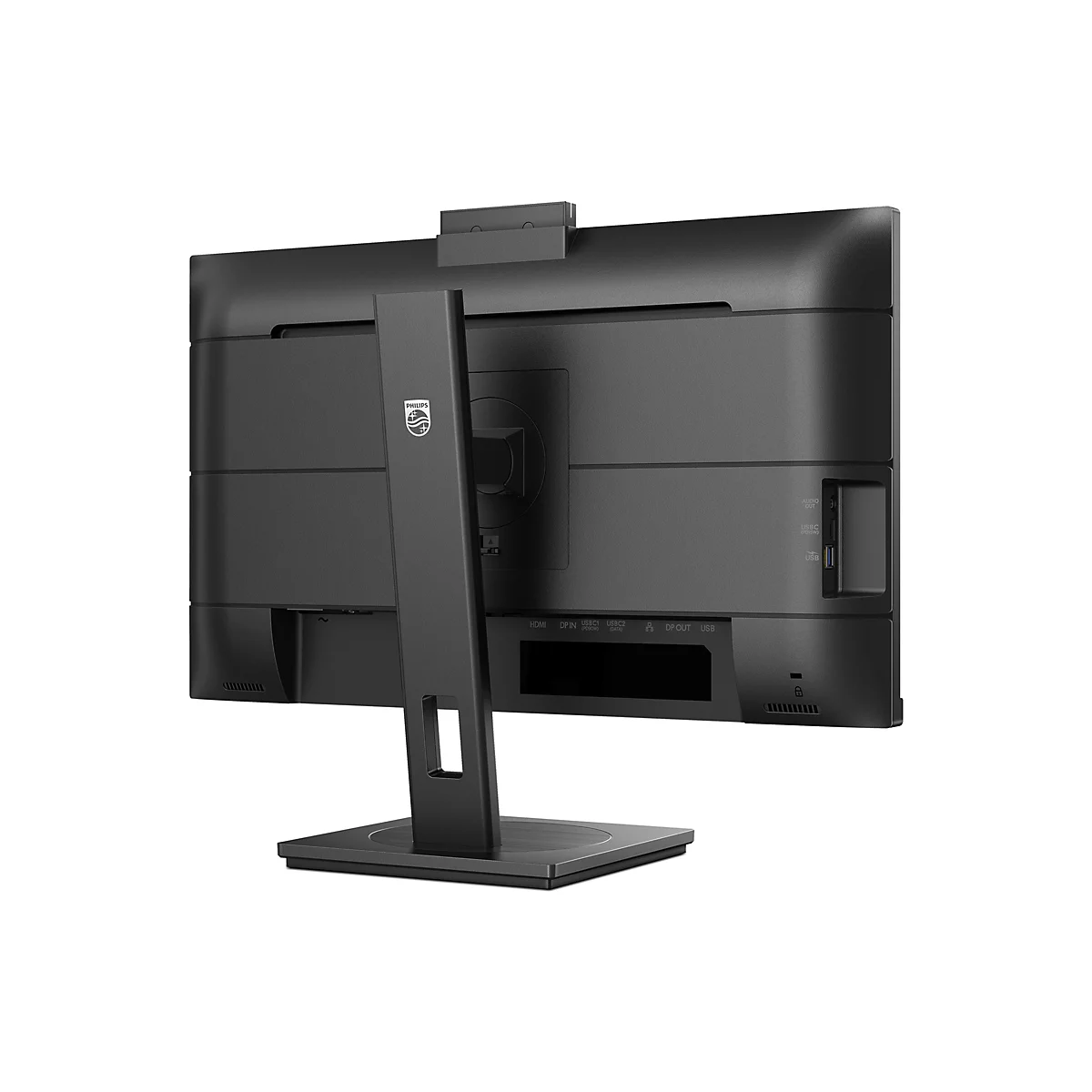 Rückansicht eines schwarzen Philips-Monitors. Der Monitor hat einen breiten Fuß, einen robusten Standfuß und eine integrierte Webcam. Unterhalb der Anschlüsse sind verschiedene Beschriftungen zu erkennen.