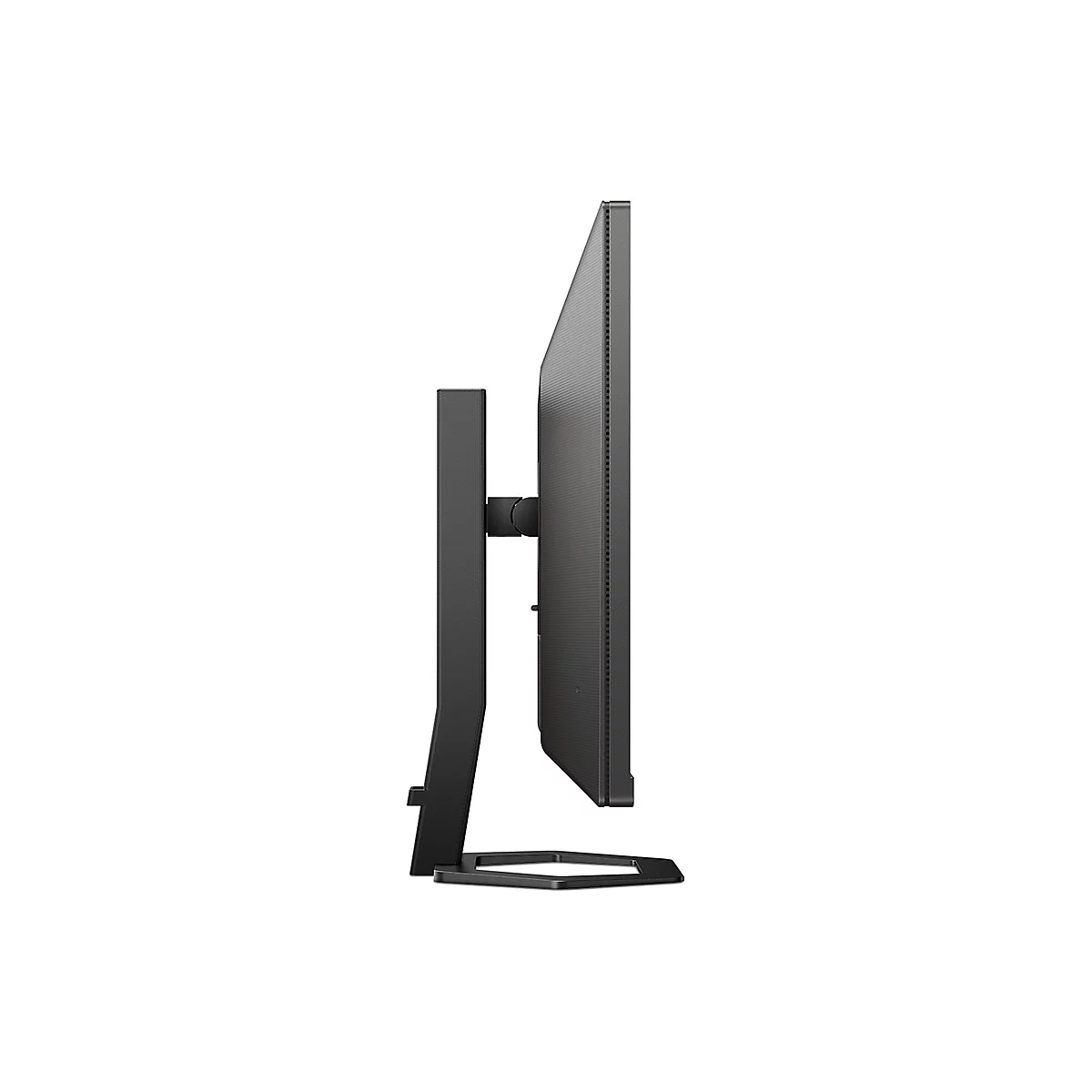 Seitenansicht eines schwarzen Monitors mit schlichtem Design auf weiÃŸem Hintergrund. Der Bildschirm steht auf einem StÃ¤nder.