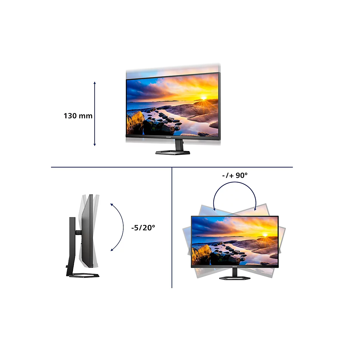 Der Monitor zeigt einen Sonnenuntergang, 130 mm Höhenverstellung, Neigung -5/20 Grad und Drehung -/+90 Grad.