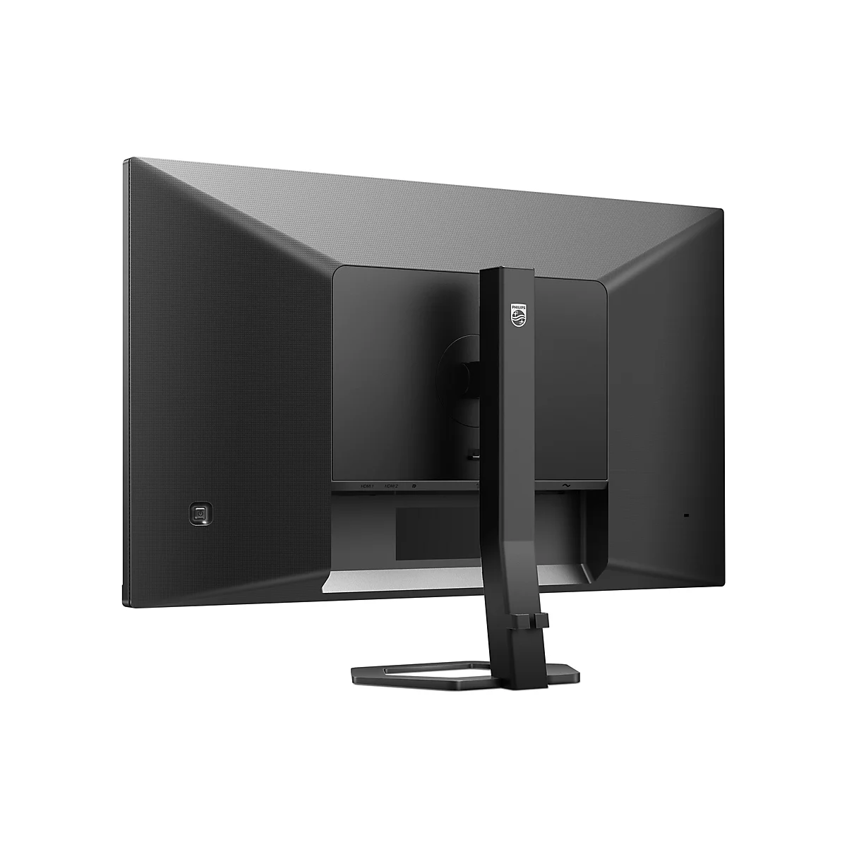 Schwarzer Monitor von hinten, Standfuß, HDMI-Anschlüsse, Philips-Logo.