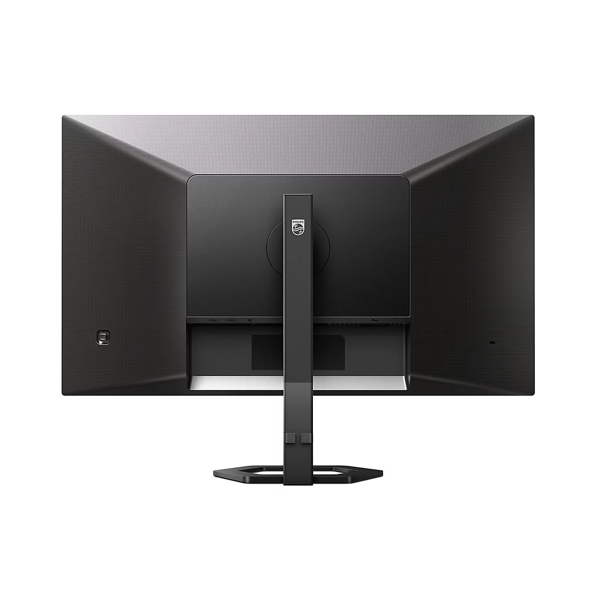 Die RÃ¼ckseite eines schwarzen Monitors. Der Monitor hat einen silberfarbenen StandfuÃŸ.