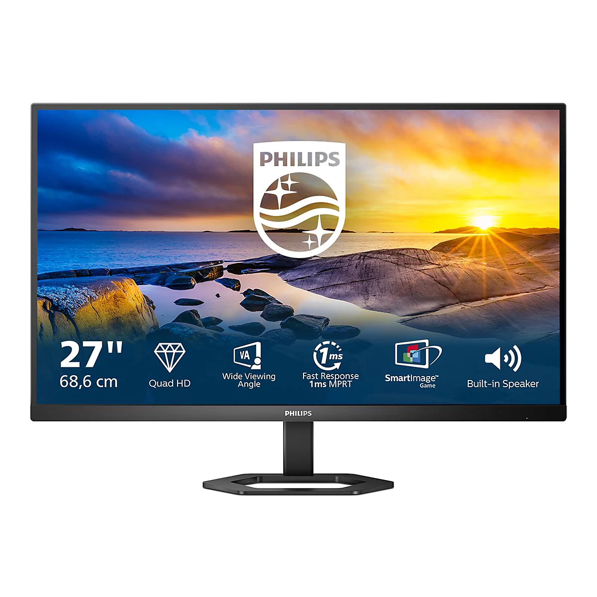 Ein schwarzer Philips-Monitor mit 27-Zoll-Diagonale. Auf dem Bildschirm eine Landschaftsdarstellung, darunter Logos und Texte.