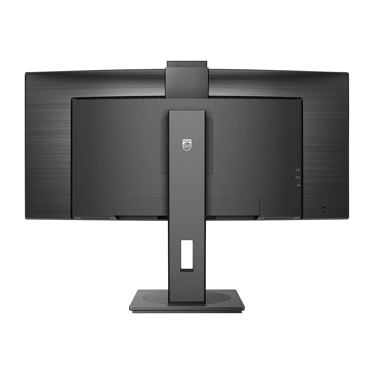 Arrière d'un moniteur noir, avec support. Logo Philips et ports en haut, aérations en bas.