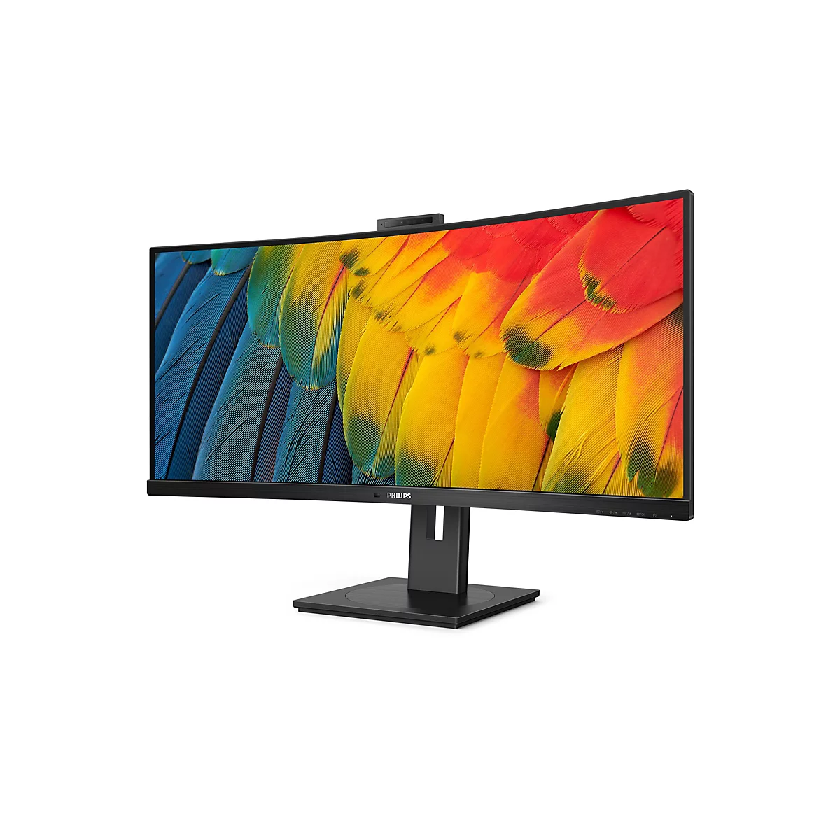 Ein schwarzer, gewölbter Monitor mit eingebauter Webcam. Auf dem Bildschirm ein farbenfrohes Feder-Muster. Die Marke "Philips" ist unten rechts sichtbar.
