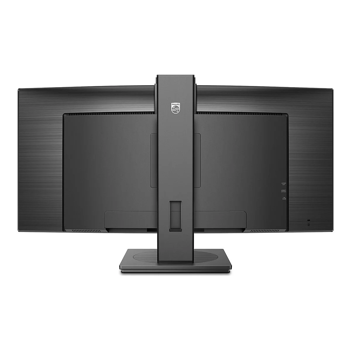 Arrière d'un moniteur Philips noir avec support. Logo, ports et fentes d'aération sont visibles.