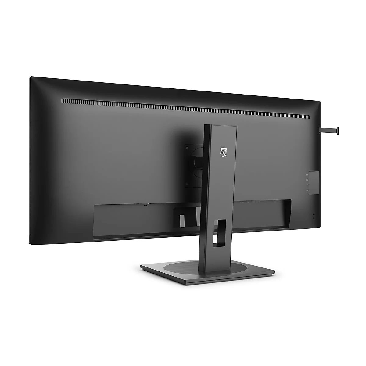 Ein schwarzer Monitor von hinten; der StandfuÃŸ ist mittig und die Halterung fÃ¼r die Kabel ist sichtbar.