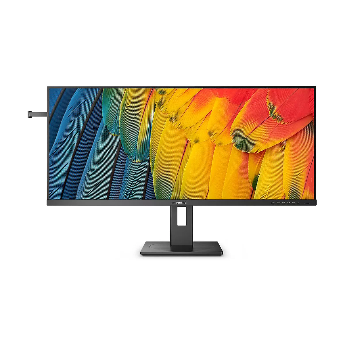 Breiter Monitor mit buntem Bildschirmhintergrund. Schwarzer Rahmen, StandfuÃŸ und Webcam.