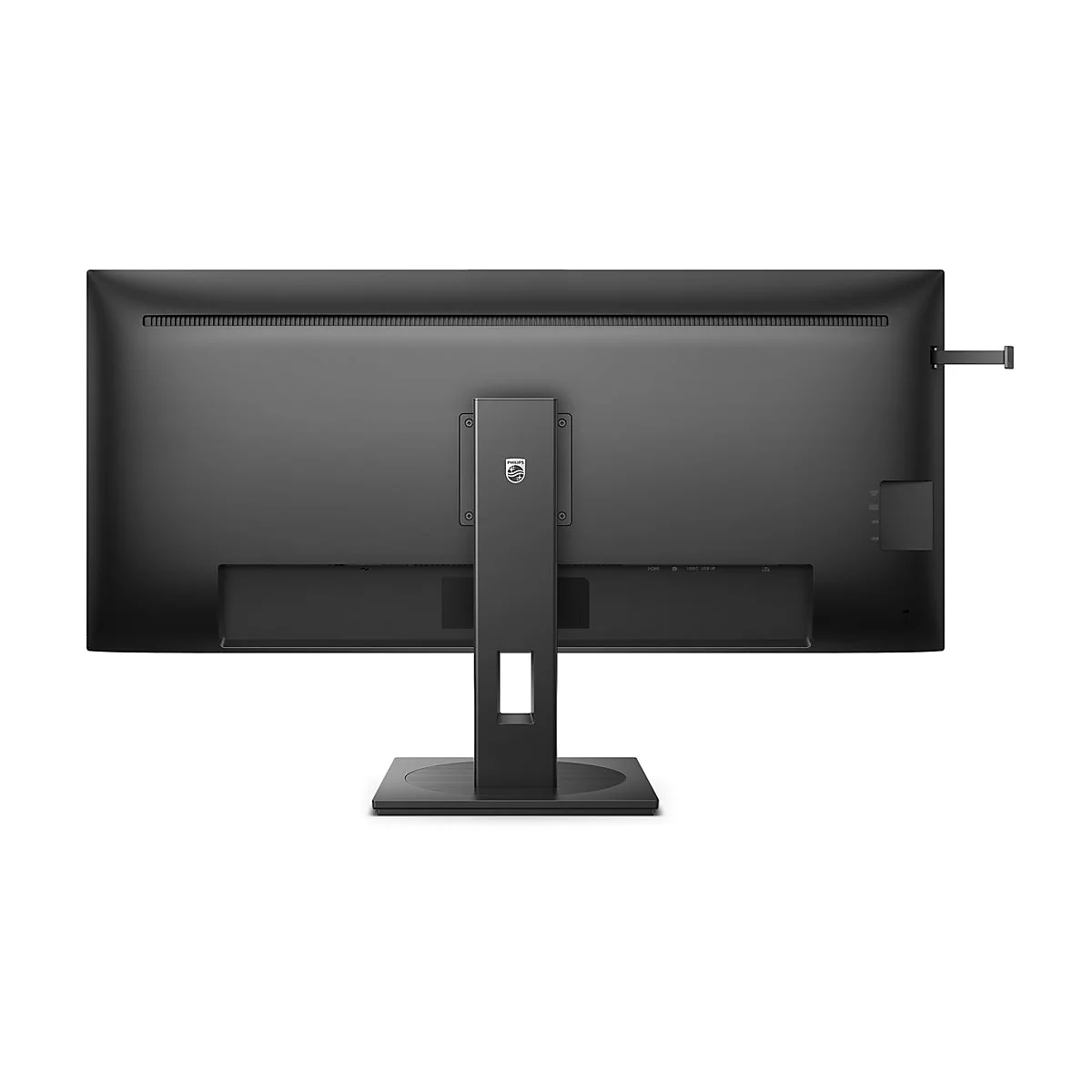 RÃ¼ckseite eines schwarzen Monitors mit Philips-Logo, Halterung, AnschlÃ¼ssen und Metallteil.