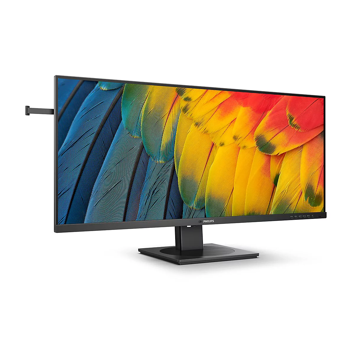 Ein schwarzer Monitor mit buntem Feder-Hintergrund. Er steht auf einem schwarzen StÃ¤nder. Auf dem Monitor steht der Name Philips.