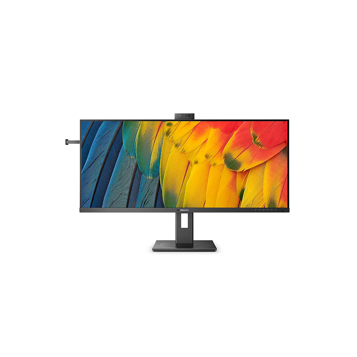 Ein schwarzer Philips Monitor auf weißem Hintergrund. Auf dem Bildschirm ein buntes Papageienfeder-Muster.