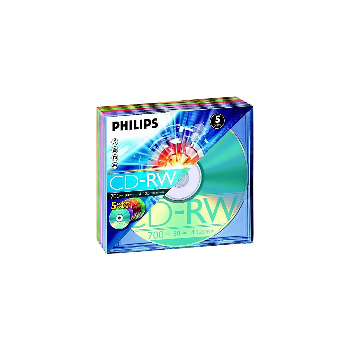 Verpackung mit 5 CD-RWs der Marke Philips. Aufschrift: CD-RW, 5 Farben, 700 MB/80 Min.