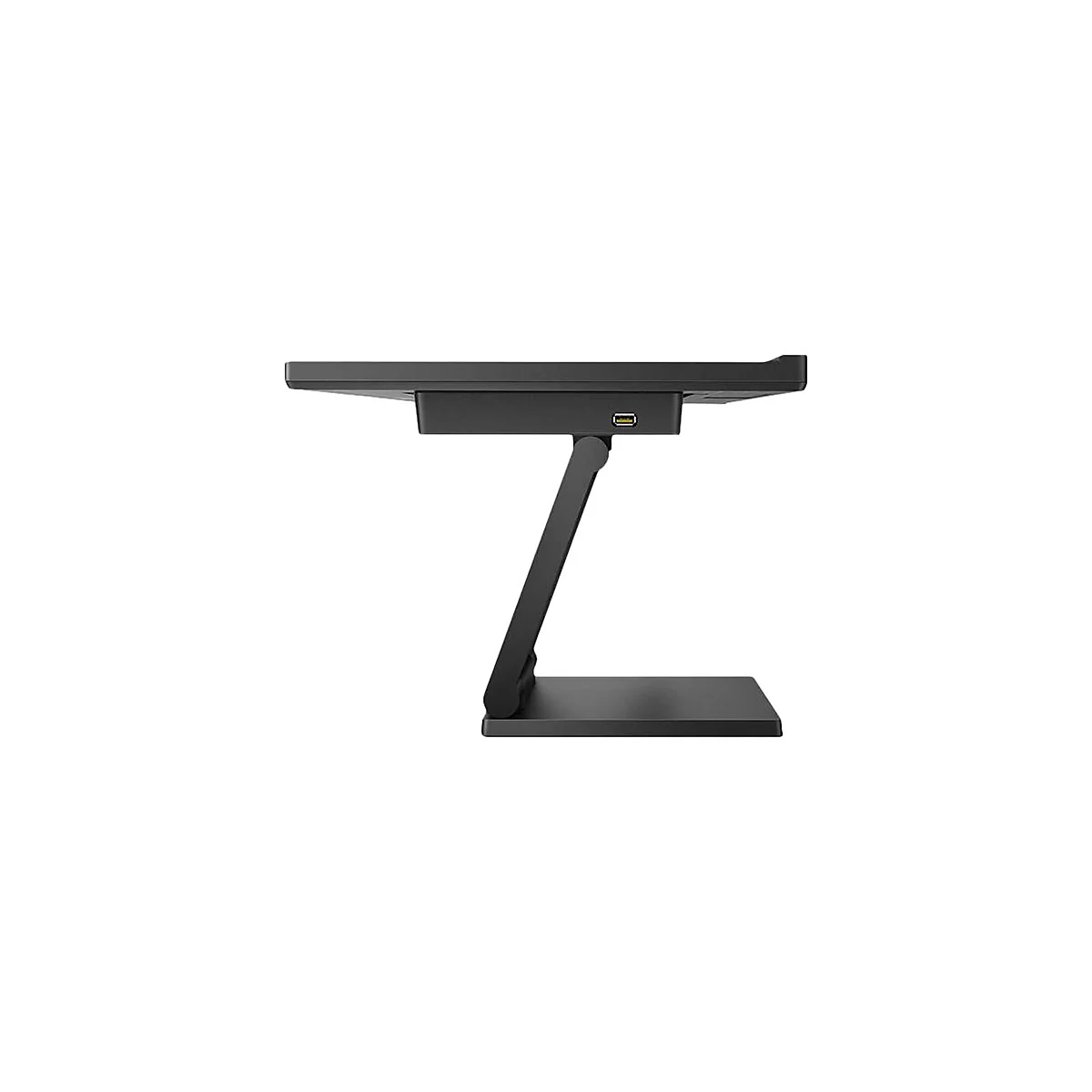 Support de tablette noir avec port USB. Le support se compose d'une base rectangulaire, d'une jambe de support inclinée et d'un support pour la tablette.
