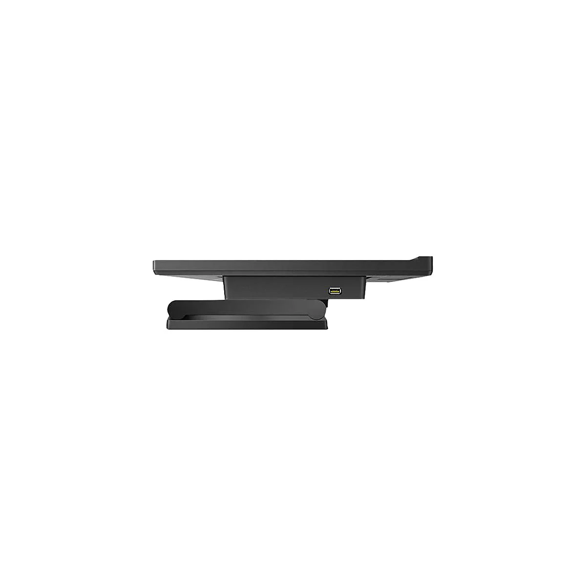 Support de moniteur noir, représenté de côté. La base est indiquée, un port USB est visible.