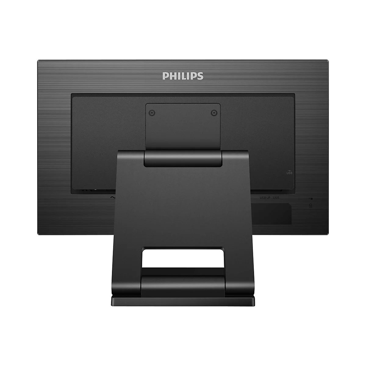 Gros plan de l'arrière d'un moniteur Philips noir avec support. Le nom de la marque Philips est en haut, avec des ports et un port USB en dessous.