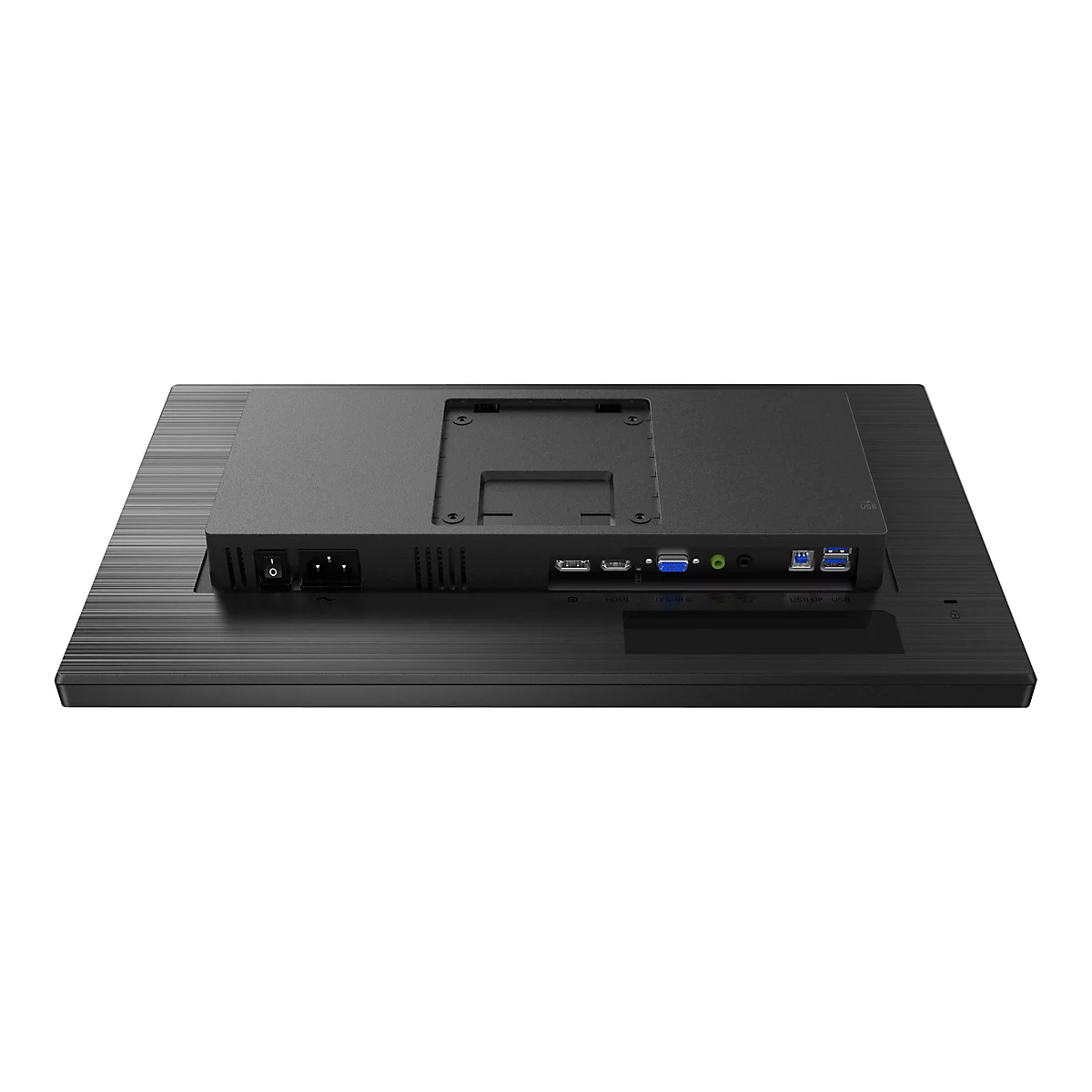 Arrière d'un moniteur noir avec des ports comme HDMI, USB, VGA et audio.