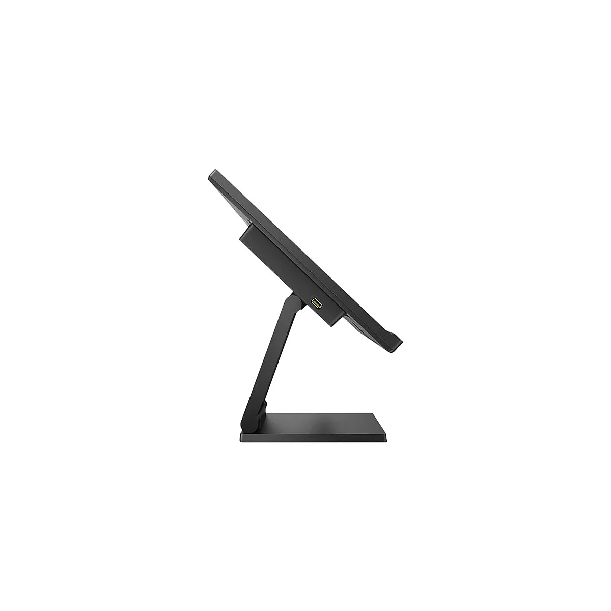 Écran noir, vu de côté, sur un support, légèrement incliné. Un port USB est visible à l'arrière de l'écran.