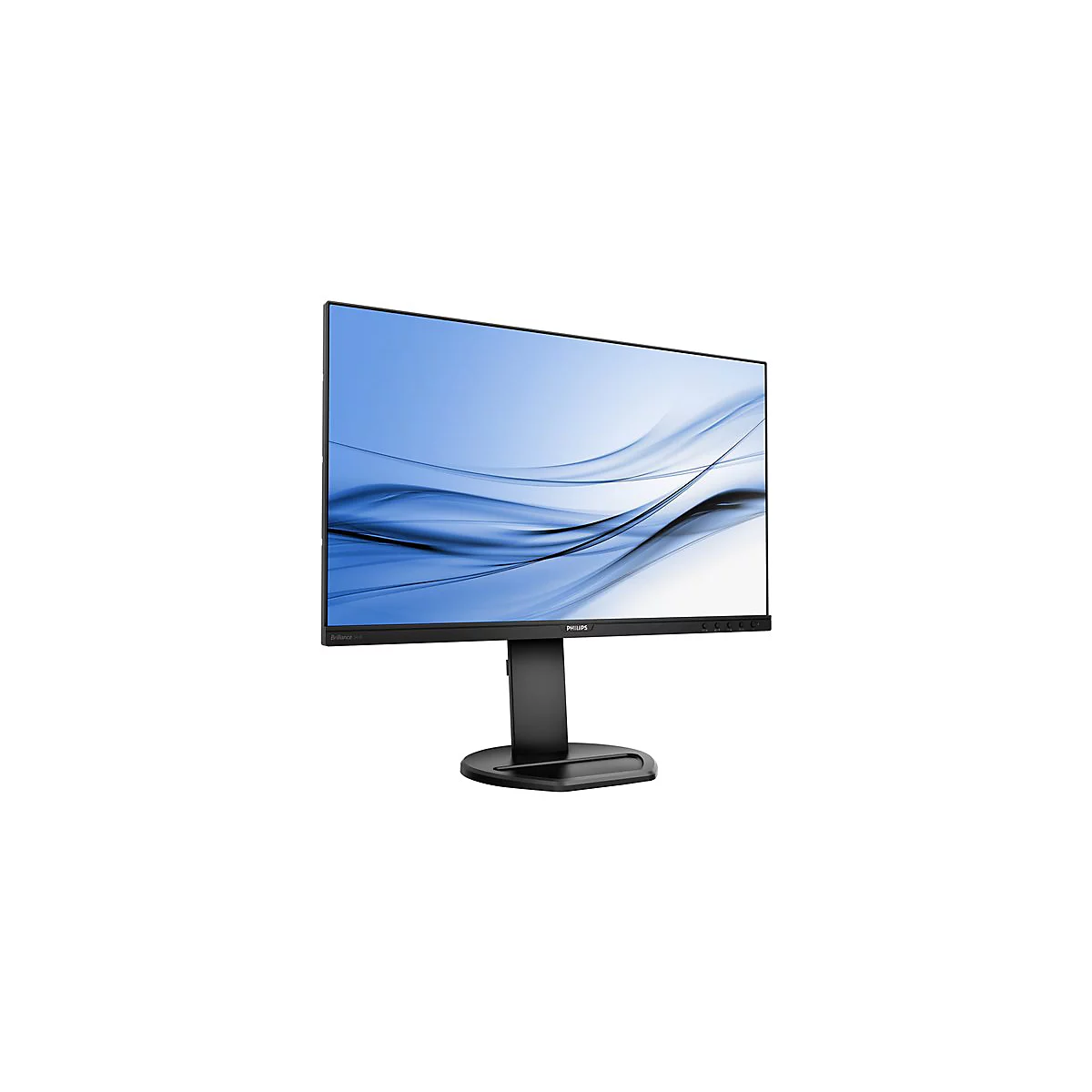 Schwarzer Computermonitor mit blauem Hintergrund. Der Bildschirm zeigt wellenfÃ¶rmige Linien.
