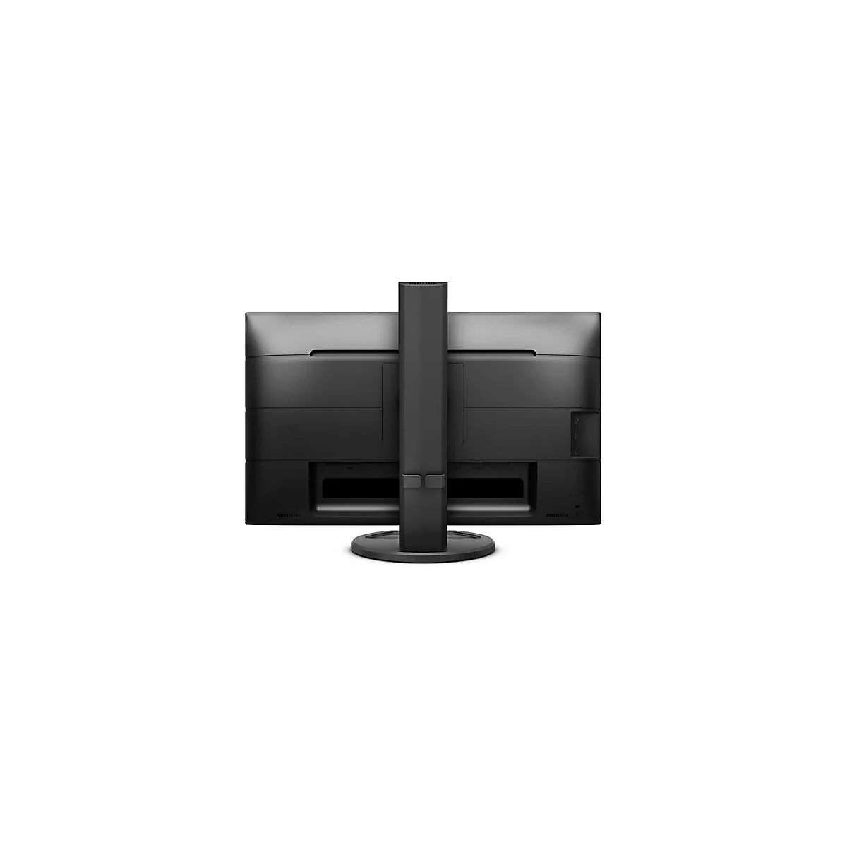 RÃ¼ckseite eines schwarzen Monitors mit StandfuÃŸ. Die RÃ¼ckseite weist AnschlÃ¼sse und LÃ¼ftungsschlitze auf.