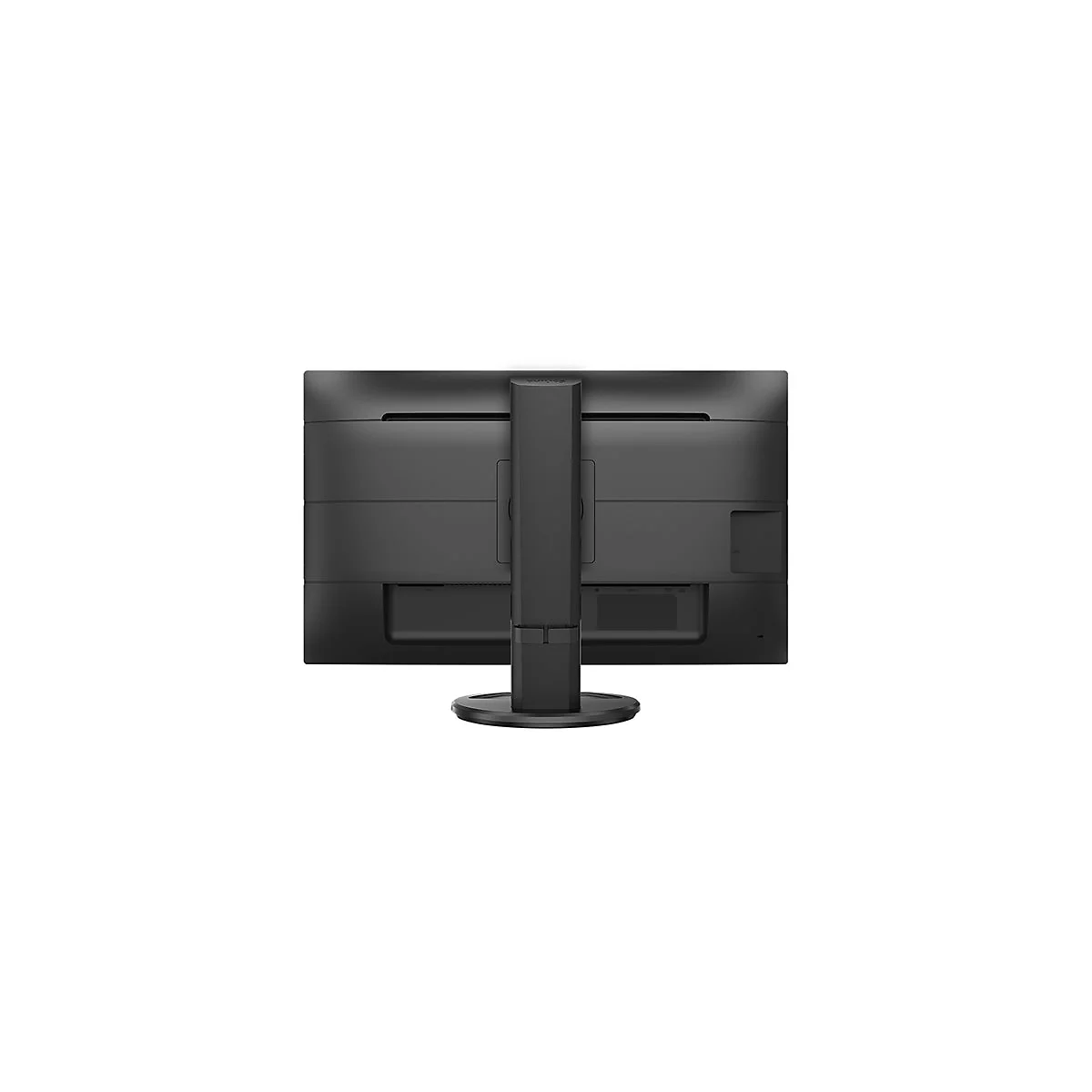 Schwarz Monitior RÃ¼ckseite. Der Monitor hat einen StandfuÃŸ und einen schwarzen StandfuÃŸ.