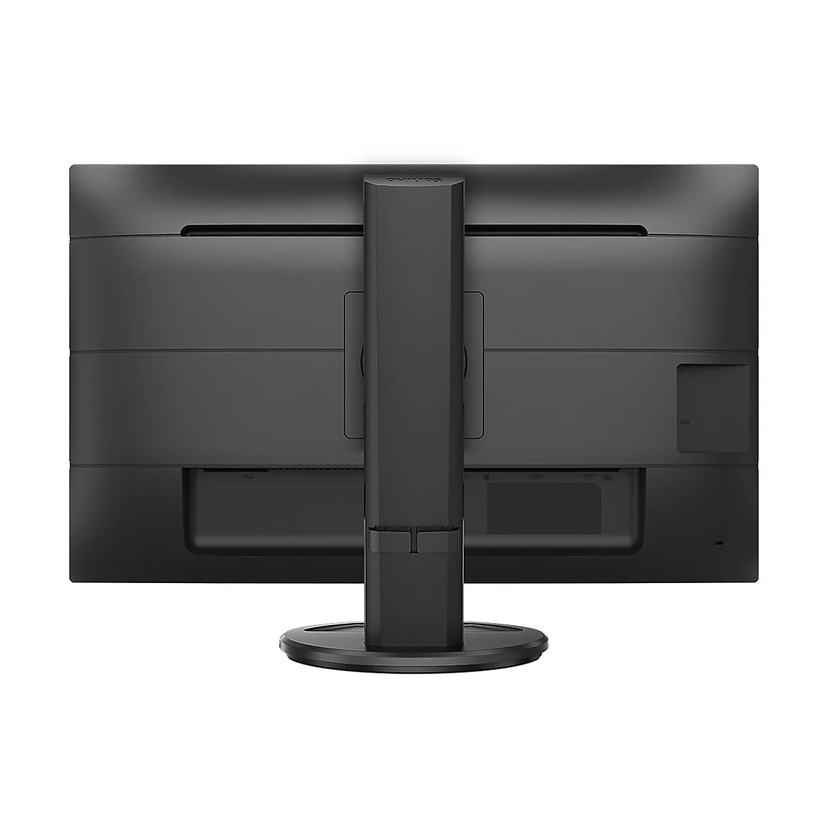 RÃ¼ckseite eines schwarzen Monitors mit StandfuÃŸ auf weiÃŸem Hintergrund.