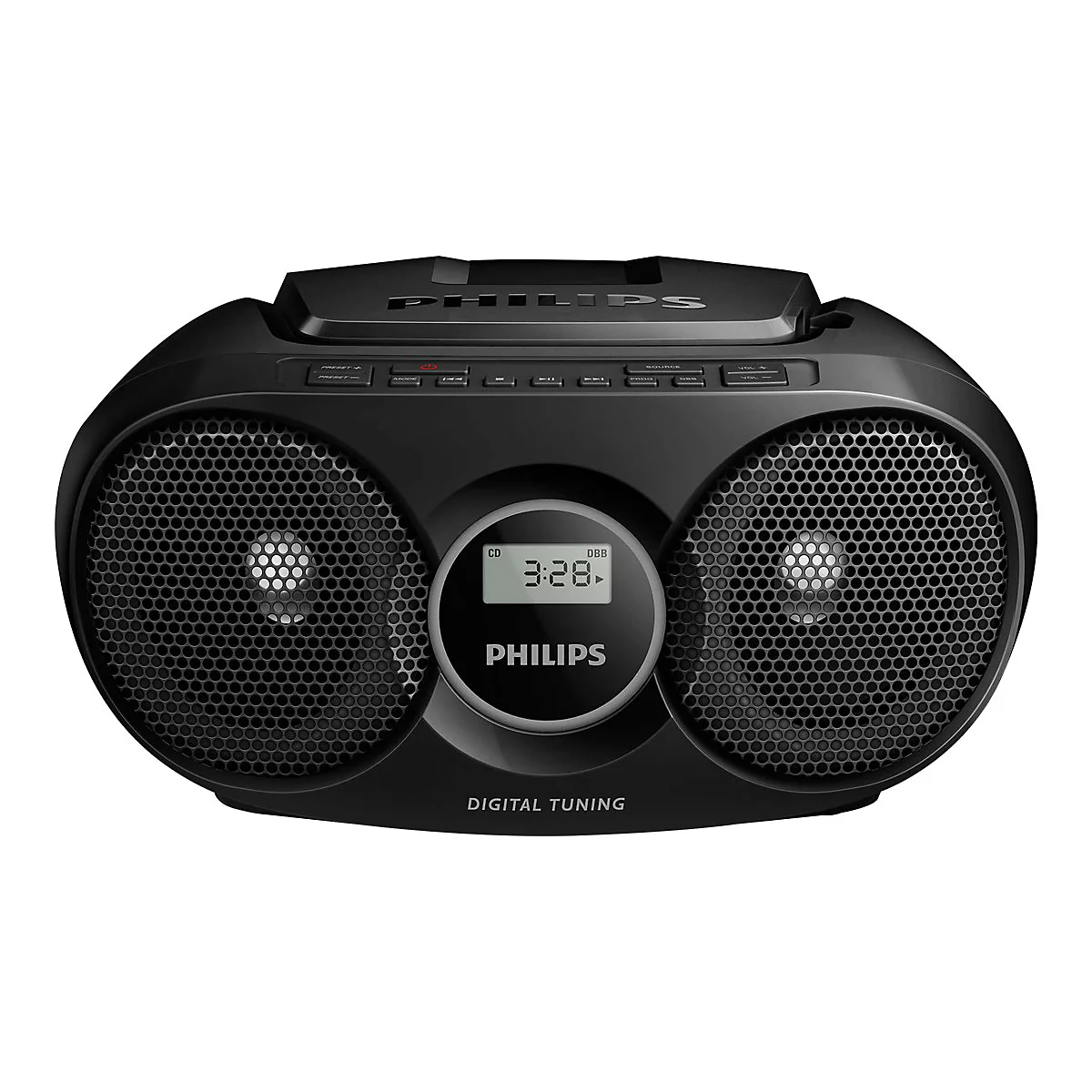 Schwarzes Philips-Radio mit zwei Lautsprechern und digitaler Anzeige. Aufschrift PHILIPS und DIGITAL TUNING.