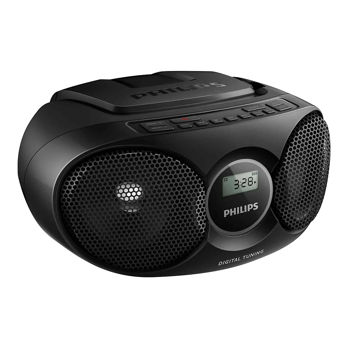 Schwarzes Philips-Boombox mit Lautsprechern, Display und Bedientasten. Das Display zeigt die Uhrzeit. Aufschrift Philips.