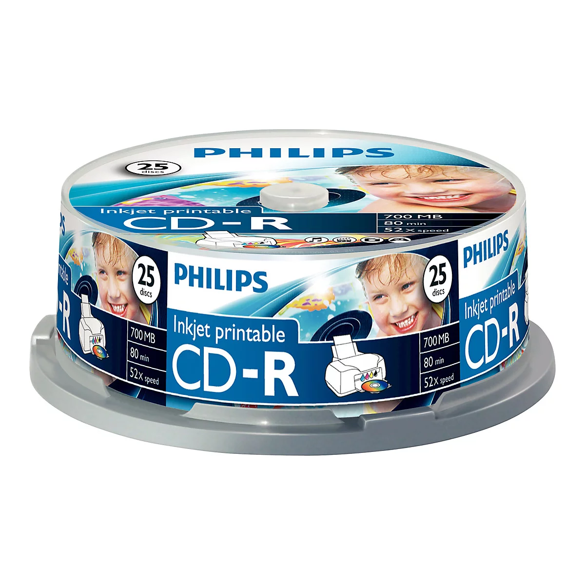 Eine Packung Philips CD-Rs, 25 Stück. Aufgedruckt: 'Inkjet printable CD-R', 700 MB, 80 min, 52X speed. Kind mit Wasser umgeben.