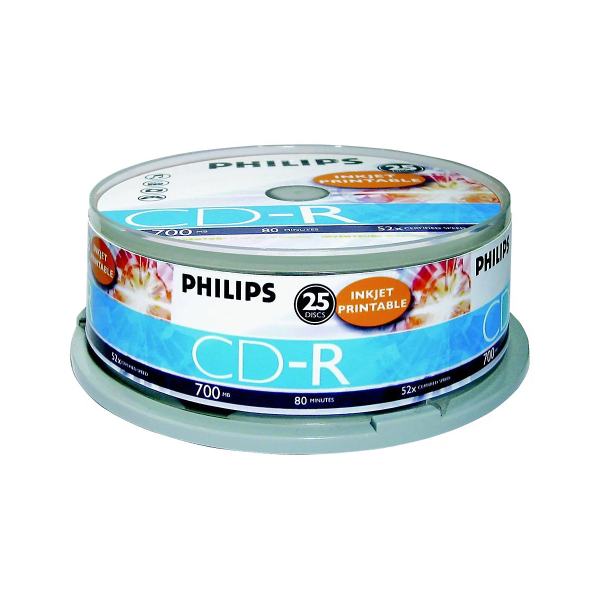 Eine Packung Philips CD-Rs. Aufschrift: CD-R, 700 MB, 80 Minuten. Inklusive 25 beschreibbare CDs.