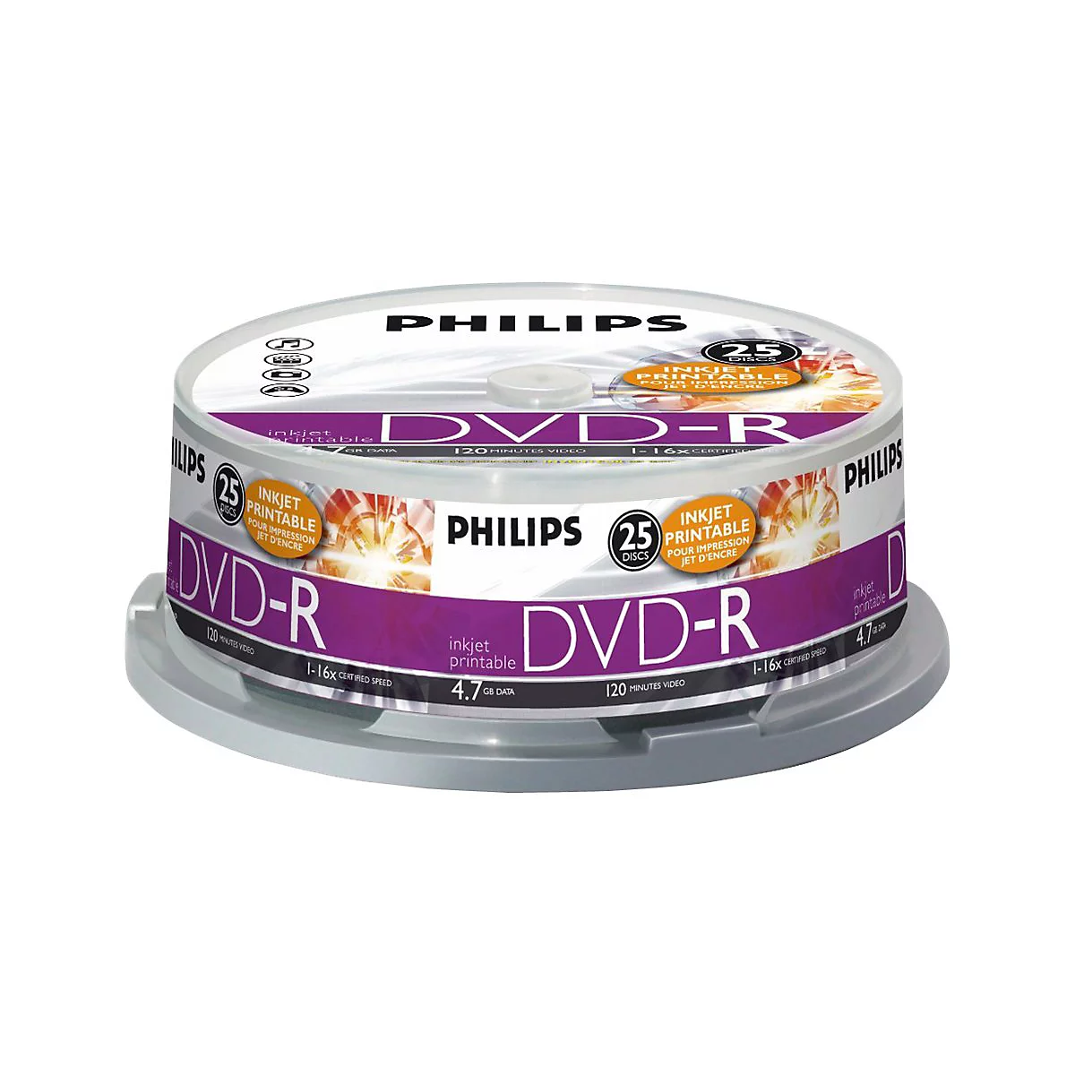 Philips DM4I6B25F - 25 x DVD-R - 4.7 GB (120 Min.) 16x - mit Tintenstrahldrucker bedruckbare Oberfläche - Spindel