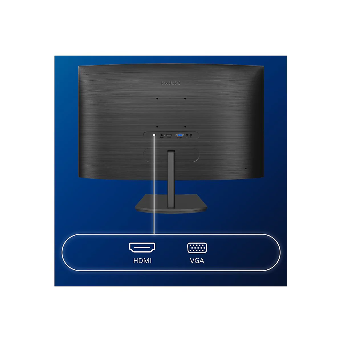 Rückseite eines schwarzen Philips Monitors mit HDMI- und VGA-Anschlüssen. Auf blauem Hintergrund.