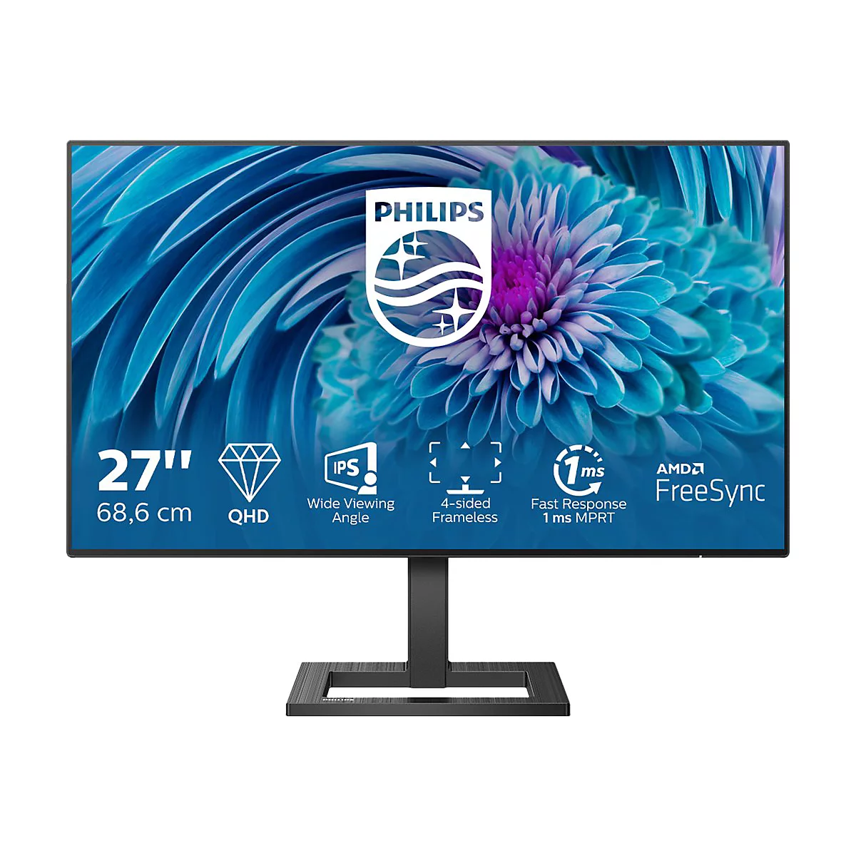 Ein 27 Zoll Philips Monitor mit Blumen-Hintergrund. Angaben: QHD, IPS, 1ms Reaktionszeit, FreeSync. Das Philips Logo ist oben mittig zu sehen.