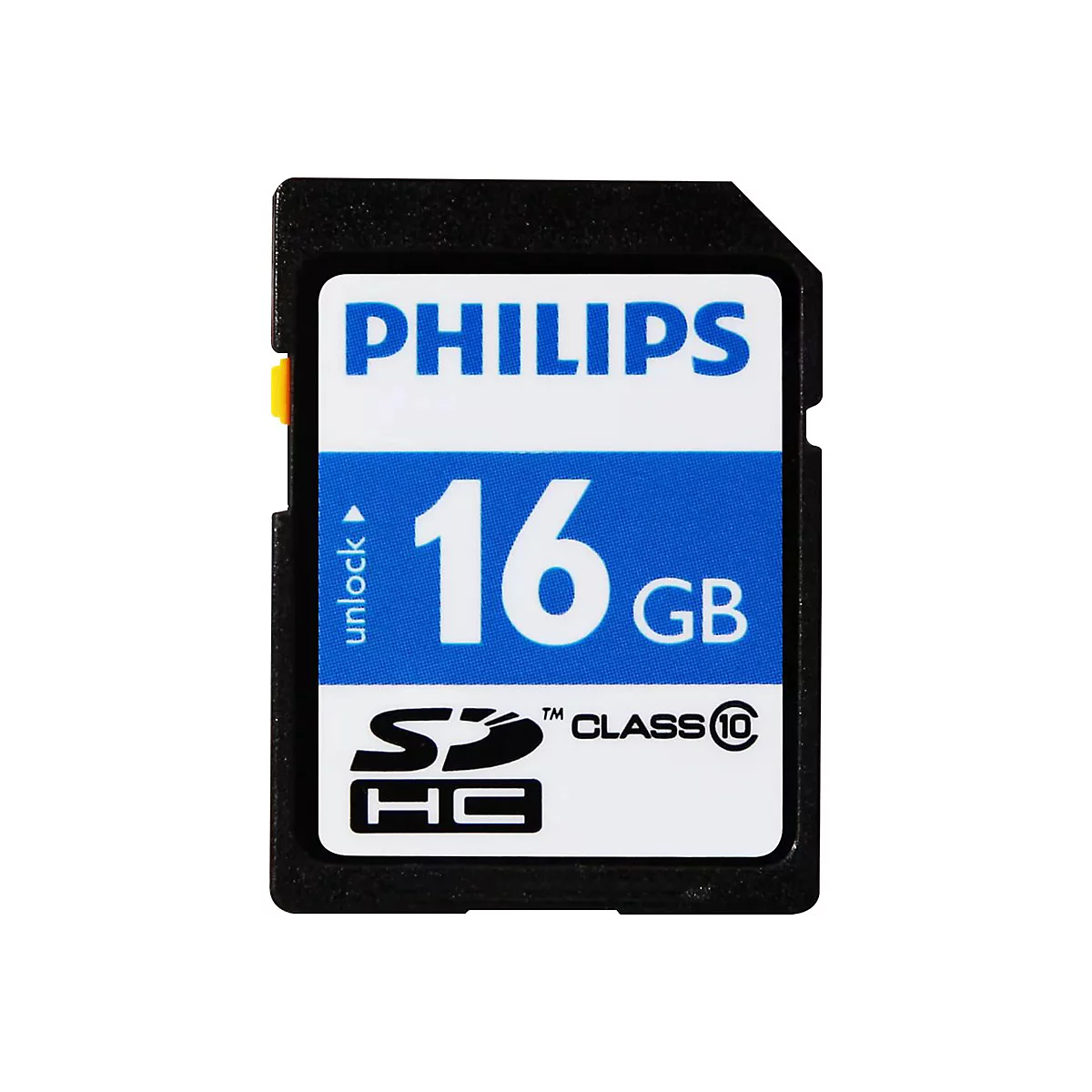 SD-Speicherkarte von Philips, schwarz, 16 GB, blaue Details, Text: Philips, 16 GB, Class 10, SDHC.