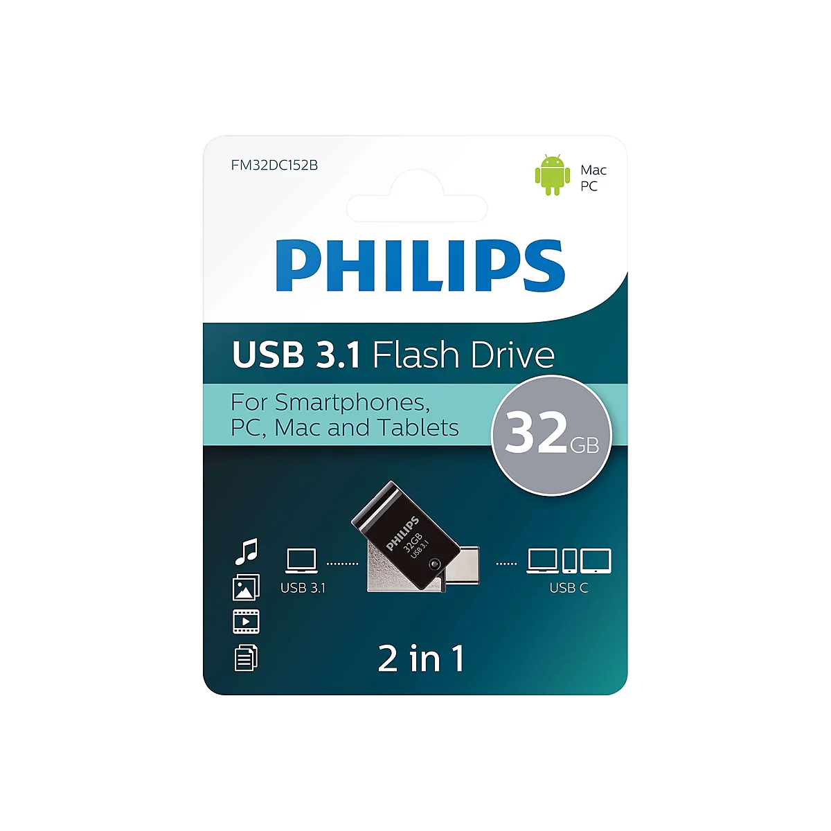 Philips USB 3.1 Flash Drive, 32 GB. Kompatibel mit Smartphones, PC, Mac und Tablets. Verpackung mit Produktbild.