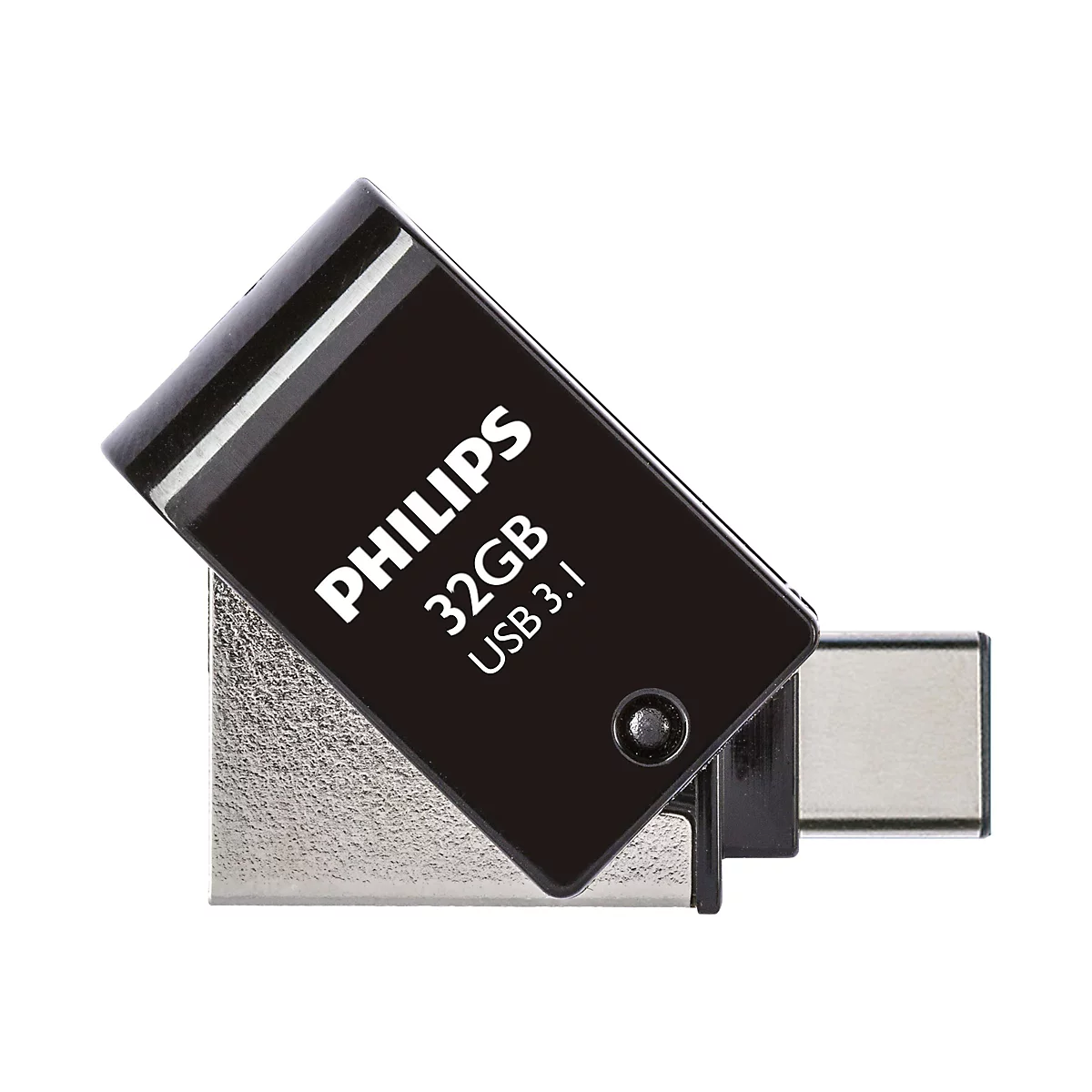 Schwarzer USB-Stick von Philips. Aufschrift: Philips, 32GB, USB 3.1. Silberner USB-C-Anschluss.