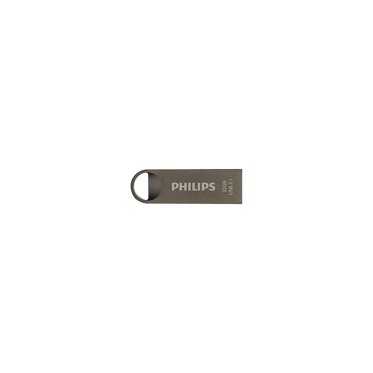 Grauer USB-Stick von Philips mit 32GB und USB 3.1, sowie einem Loch fÃ¼r einen SchlÃ¼sselring.
