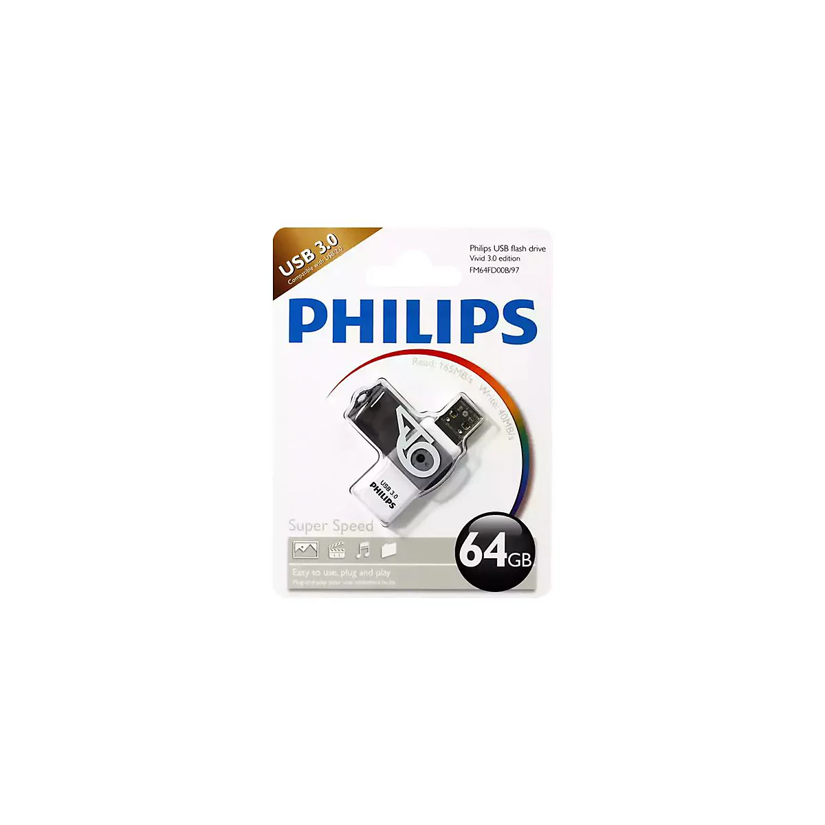 Eine Philips USB-Flash-Festplatte mit 64 GB. Sie befindet sich in einer Blisterverpackung. Auf der Verpackung ist der Markenname PHILIPS in Blau zu sehen.