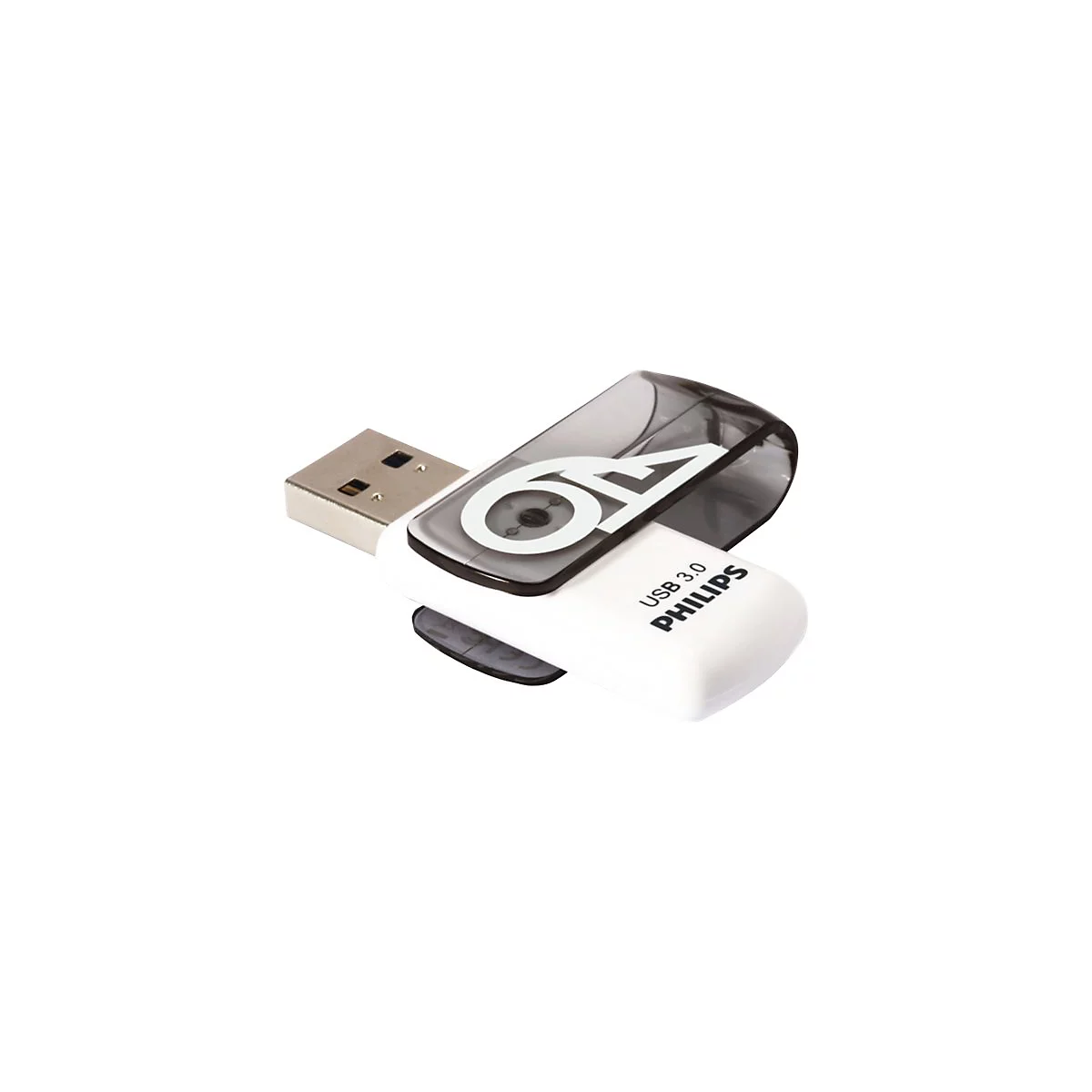 Ein weiÃŸer USB-Stick mit transparentem Schutz, auf dem die Zahl 64 und die Aufschrift USB 3.0 PHILIPS zu sehen sind.