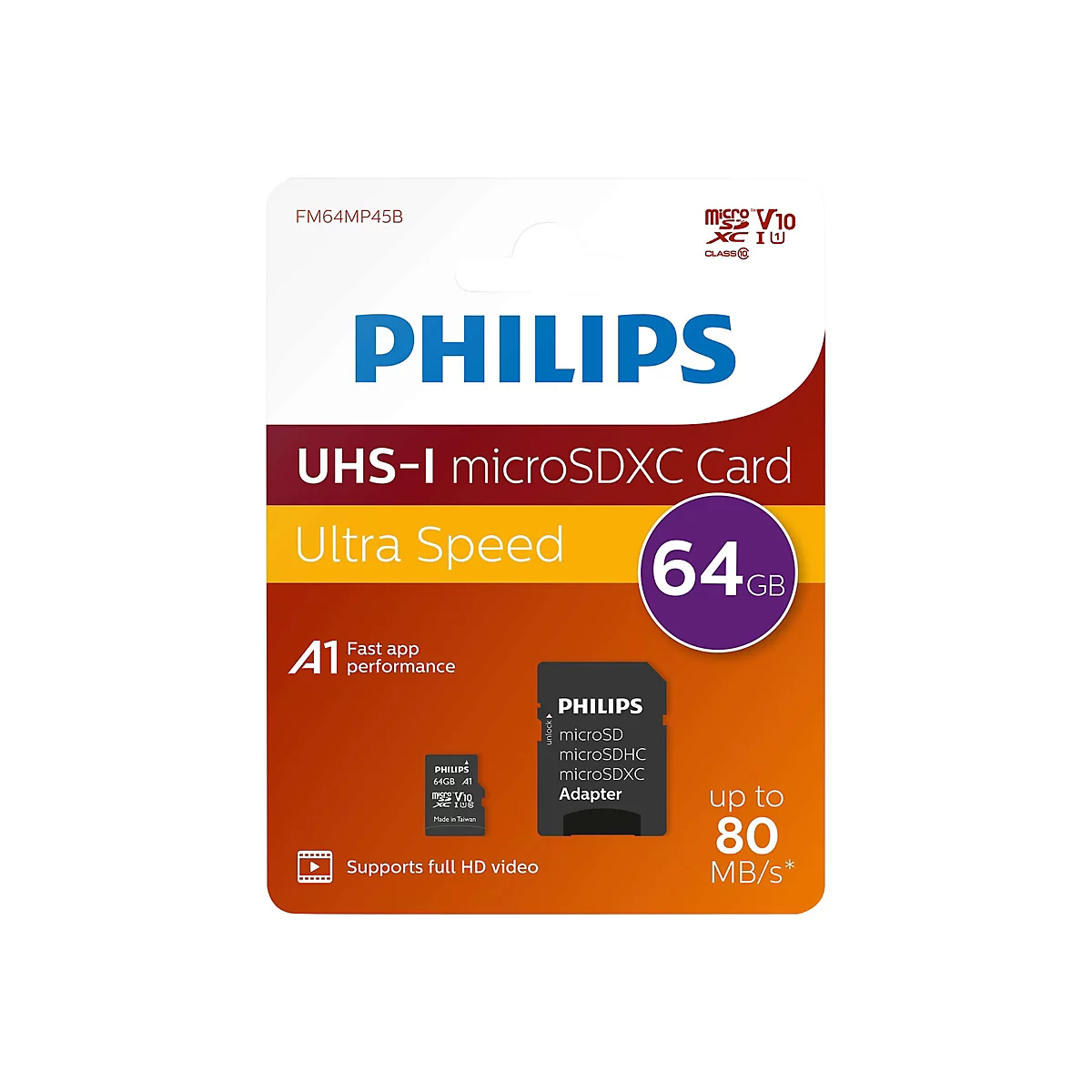 Philips FM64MP45B - Flash-Speicherkarte (SD-Adapter inbegriffen) - 64 GB - UHS-I / Class10 - SDXC