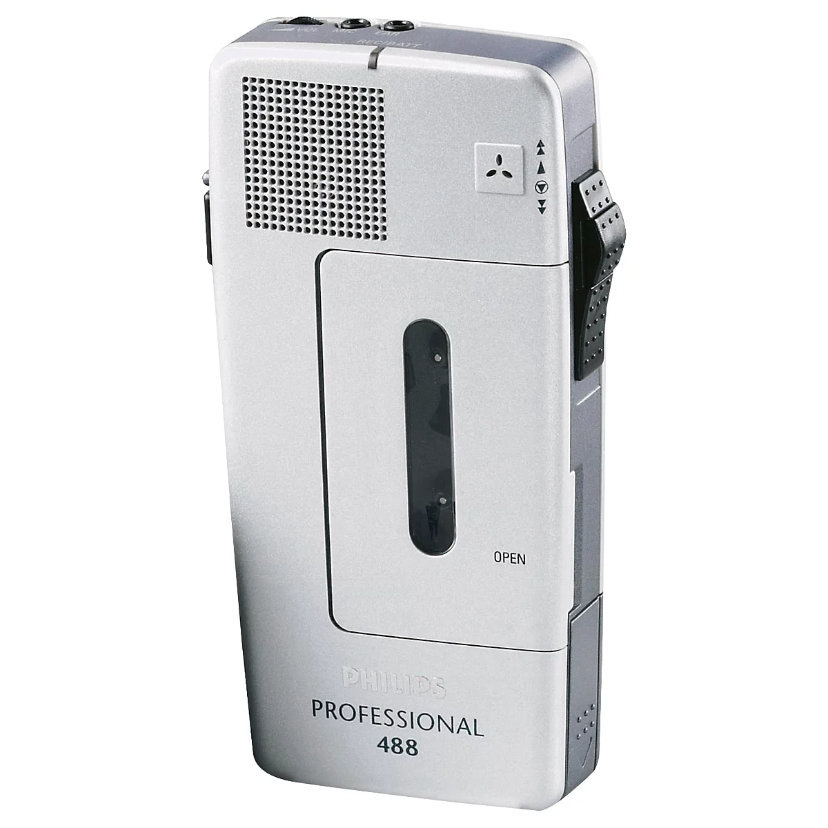 Silver Philips Professional 488 cassette recorder. Features speaker grid, control buttons, and 'OPEN' label.