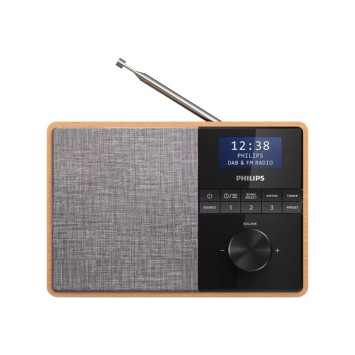 Ein braunes Holzradio mit grauem Lautsprechergitter und schwarzem Bedienfeld. Auf dem Display steht die Uhrzeit 12:38, darunter 'PHILIPS'.