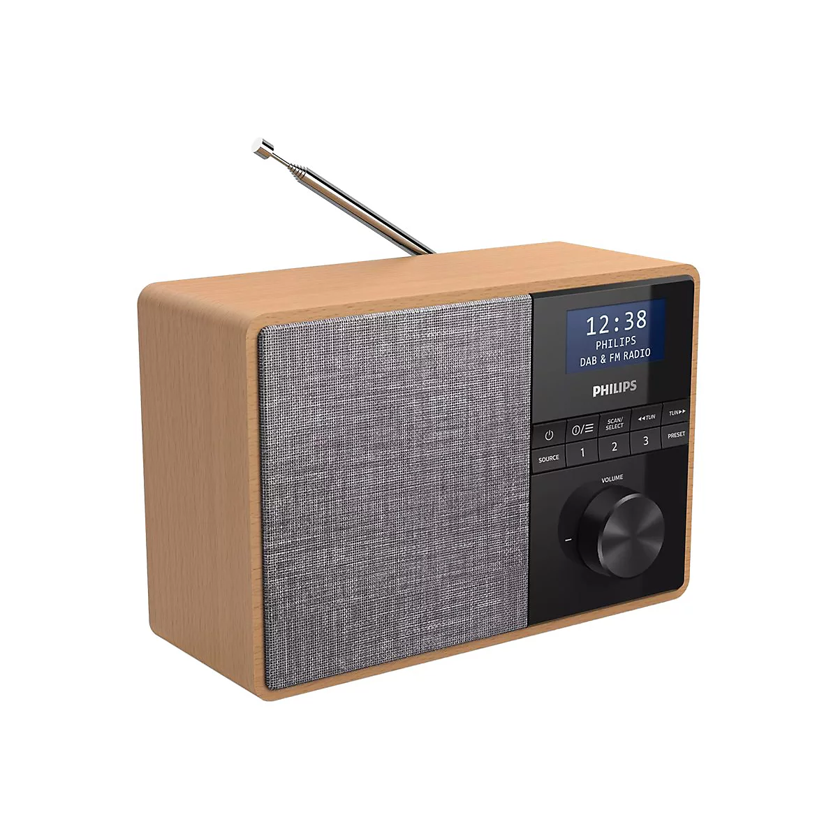Ein helles Holzradio mit schwarzem Display, auf dem die Uhrzeit und das Philips-Logo stehen.