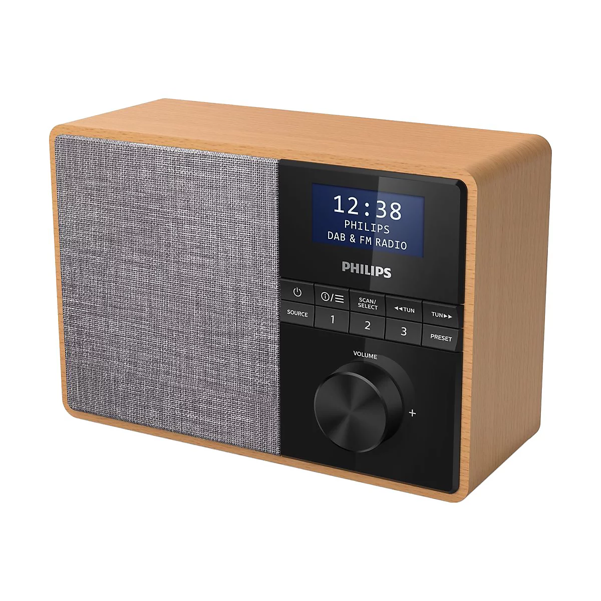 Holzfarbenes Radio mit digitaler Anzeige. Auf der Anzeige steht 12:38, PHILIPS, DAB & FM RADIO. Knöpfe mit Beschriftungen und Drehregler.