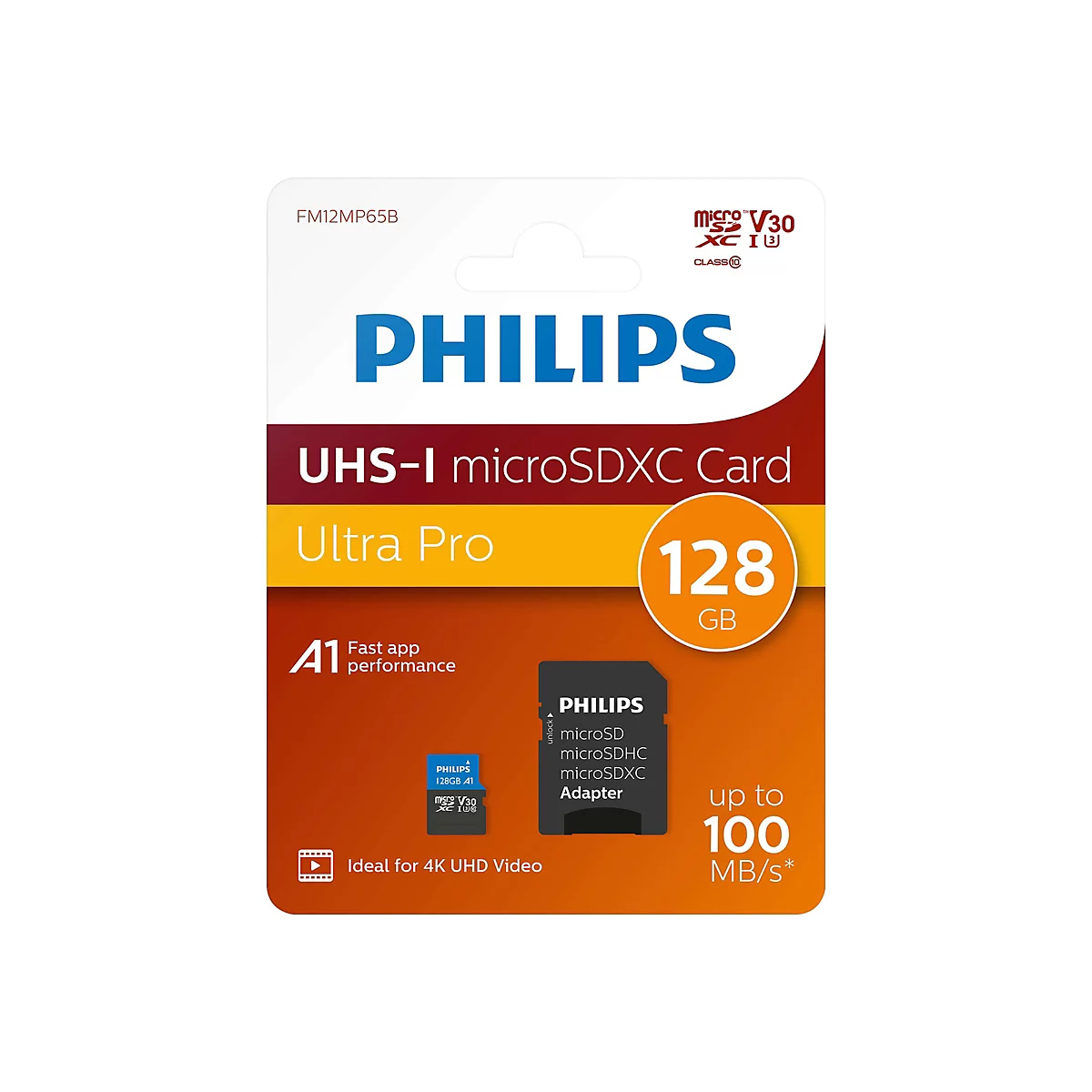 Philips Ultra Pro FM12MP65B - Flash-Speicherkarte (SD-Adapter inbegriffen) - 128 GB - A1 / Video Class V30 / UHS-I U3 / Class10 - microSDXC
