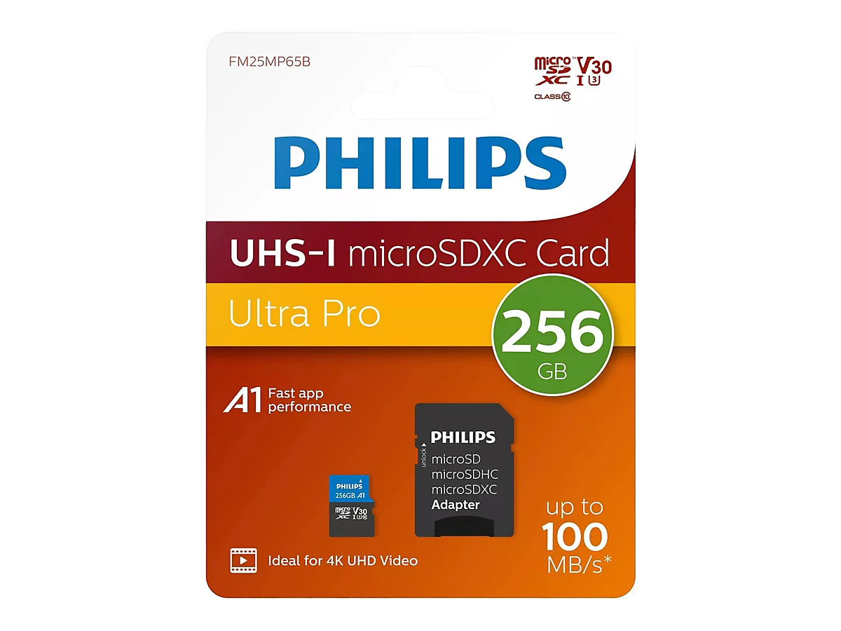 Philips Ultra Pro FM25MP65B - Flash-Speicherkarte (SD-Adapter inbegriffen) - 256 GB - A1 / Video Class V30 / UHS-I U3 / Class10 - microSDXC