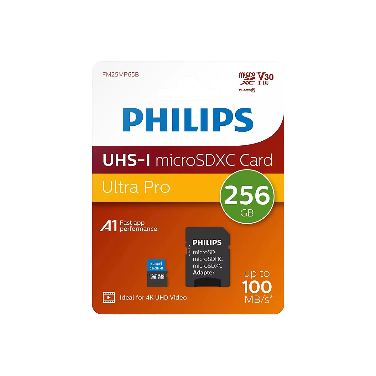 Verpackung einer Philips microSDXC-Karte mit 256 GB SpeicherkapazitÃ¤t. Aufschrift: Ultra Pro. Das Produkt ist fÃ¼r 4K-UHD-Video ideal.