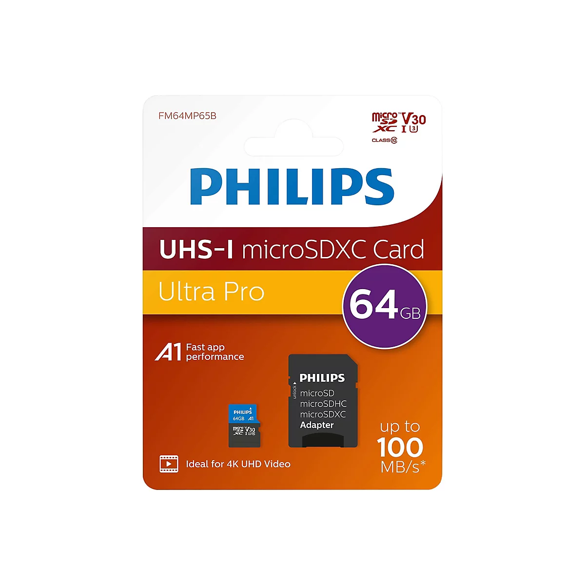 Philips Ultra Pro FM64MP65B - Flash-Speicherkarte (SD-Adapter inbegriffen) - 64 GB - A1 / Video Class V30 / UHS-I U3 / Class10 - microSDXC