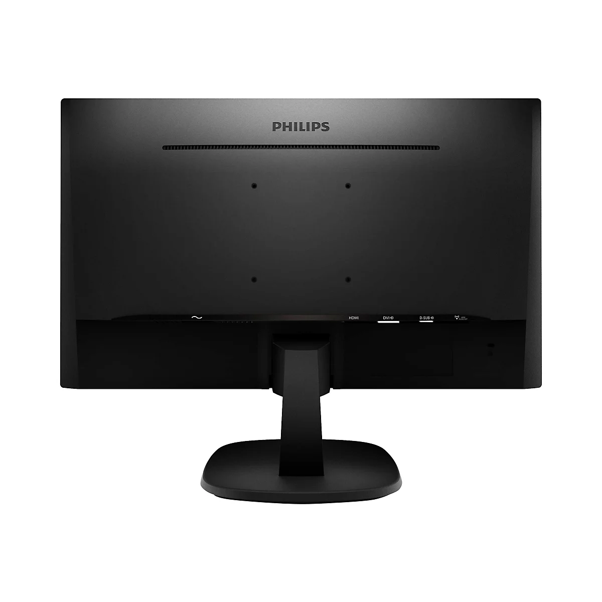 Die Rückseite eines schwarzen Philips-Monitors mit Philips-Logo, Anschlüssen und Standfuß.