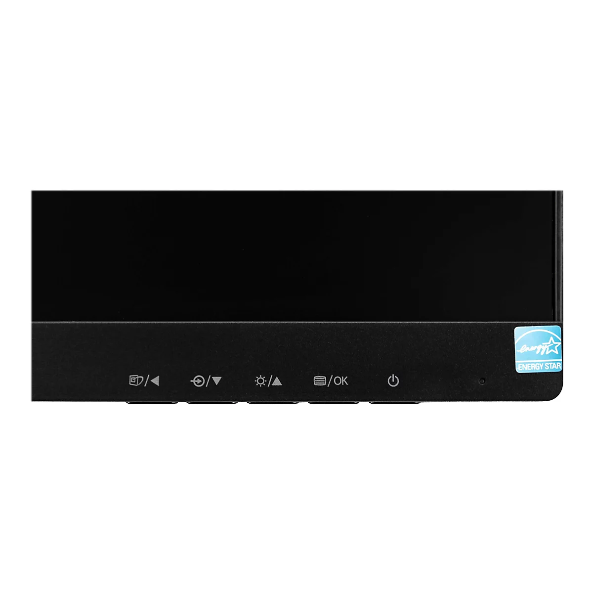 Nahaufnahme eines schwarzen Monitors mit Bedienknöpfen. Rechts ist ein Energy Star-Logo zu sehen.